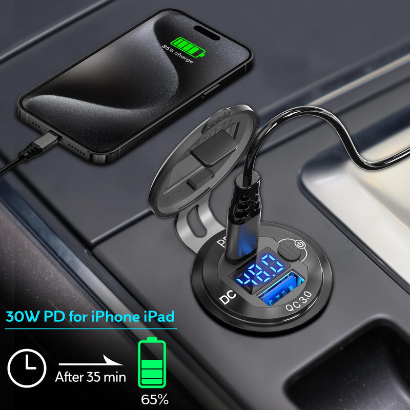 2 Pack High Voltage USB Outlet 12V 24V 36V 48V 60V Aluminum Car Charger Socket, PD 30W USB C and QC 36W Car USB Port Waterproof Cigarette Lighter Power Adapter DIY Kit with Switch for Ship Truck, etc. 2 Pack