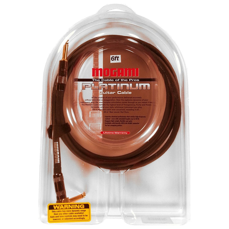 Mogami PLATINUM GUITAR-06R Instrument Cable, Gold 1/4" TS Right Angle to Straight Plug, 6 ft. 6 Foot