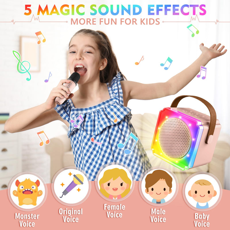 BAYSING Karaoke Machine for Kids, Portable Bluetooth Speaker with 2 Wireless Microphones, Mini Karaoke Machine with LED Light, Ideal Christmas, Birthday Toys Gift for 4, 5, 6, 7, 8, 9 Years Girl, Boy Pink