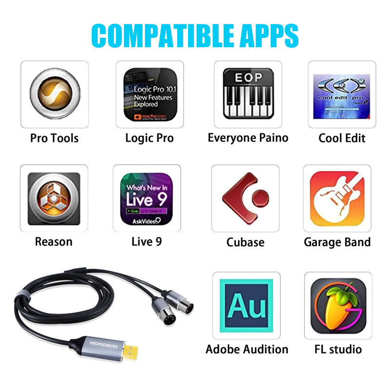 HOSONGIN MIDI to USB Cable 6 Feet, USB to 5-PIN MIDI Interface Adapter Connecting with Keyboard Synthesizer Drum for Editing Recording 5PIN-MIDI to USB