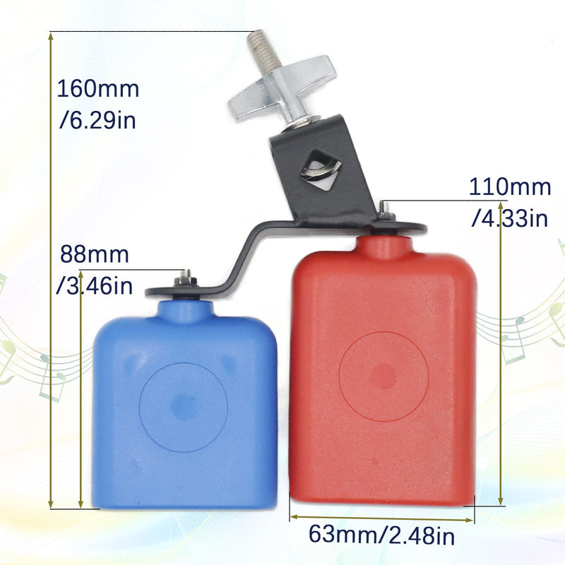 Plastic Jam Block, High and Low Tones Bicolor Cowbell, Latin Percussion Instrument Kit, Dual Mounted Bell for Drum Set, Medium Size, Red-Blue