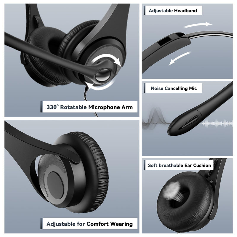 2.5mm Telephone Headset with Noise Canceling Mic & Volume Controls, Office Phone Headset for Call Center Compatible with Panasonic VTech AT&T Uniden RCA Cisco Gigaset etc Cordless Landline Phones Black-Binaural