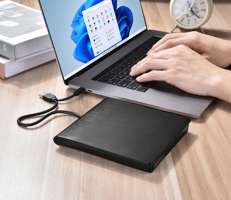 ROOFULL External CD DVD Drive for Windows 11/10/7 Laptop PC, USB 3.0 & USB-C CD DVD ROM Reader Writer +/-RW Disc Drive Burner Player Compatible for Windows OS Laptop Desktop Computer
