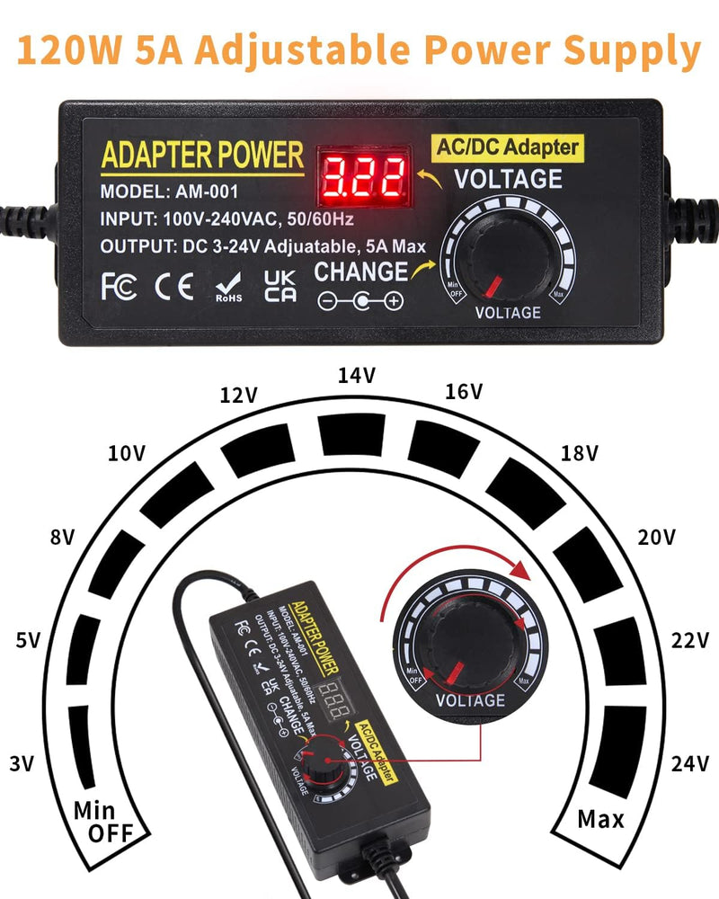 Adjustable Power Adapter 3-24V 5A 120W, Universal Power Supply 5A 120W Adjustable Power Supply Adapter, 100V-240V AC to DC 5A Power Supply with LED Voltage Display and 5.5 x 2.5 mm 14 Tips & Polarity