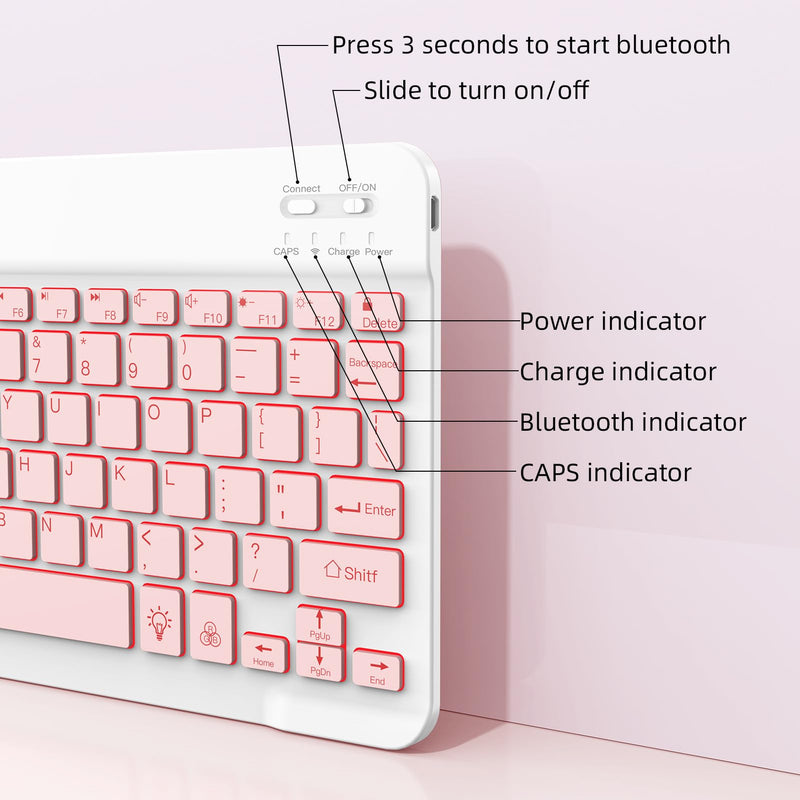 XIWMIX Ultra-Slim Wireless Bluetooth Keyboard-7 Colors Backlit Universal Rechargeable Portable Keyboard for iPad Pro/Air/Mini/iPad 9.7/iPad 10.2/Samsung Tablet & Other iOS Android Windows Devices-Pink light pink backlit