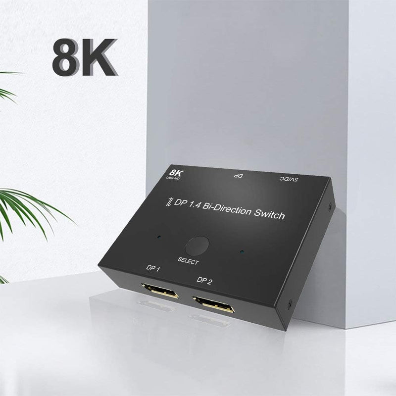 DisplayPort Switch Splitter, Bi-Directional DP 1.4 2 in 1 Out/1 in 2 Out Switcher, Support 8K @ 30Hz 4K @ 120Hz Splitter Converter for Multiple Source and DisplaysPort