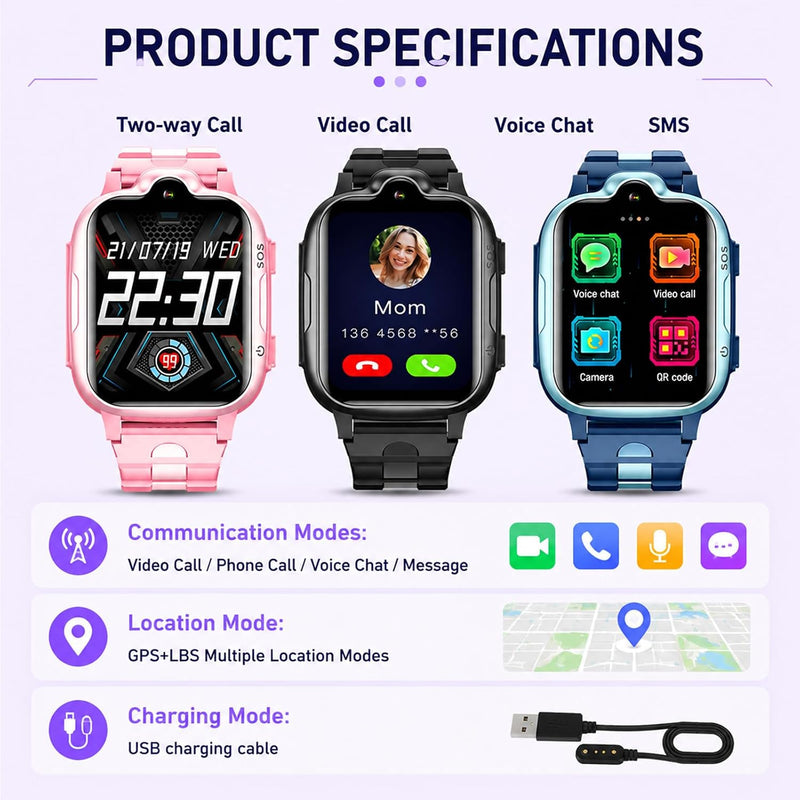 4G Kids Smart Watch with GPS Tracker, Video Call & Texting, Smart Watch for Kids with SIM Card, SOS, School Mode, HD Camera, Pedometer, Kid Watch Gift for Boys Girls Age 4-12, Pink