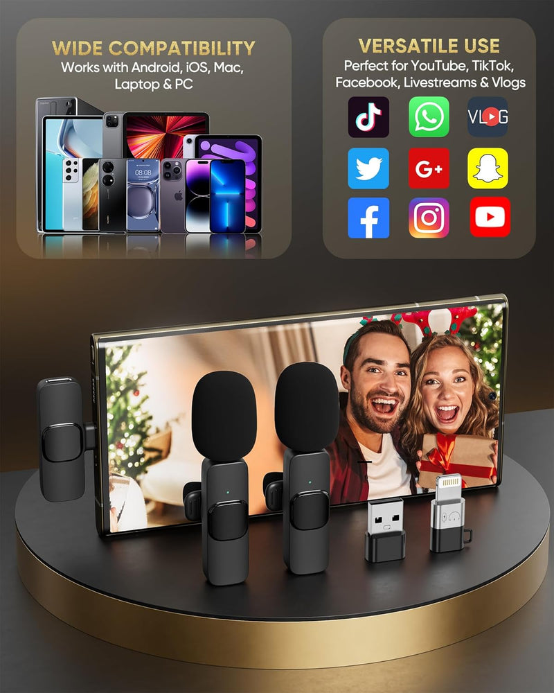 Wireless Lavalier Microphone for Android/iPhone/Computer/Laptop, Wireless Mic for iPhone15 with Noise Reduction Chip, Mini Microphone for Recording Podcast YouTube, TikTok(2 Pack)