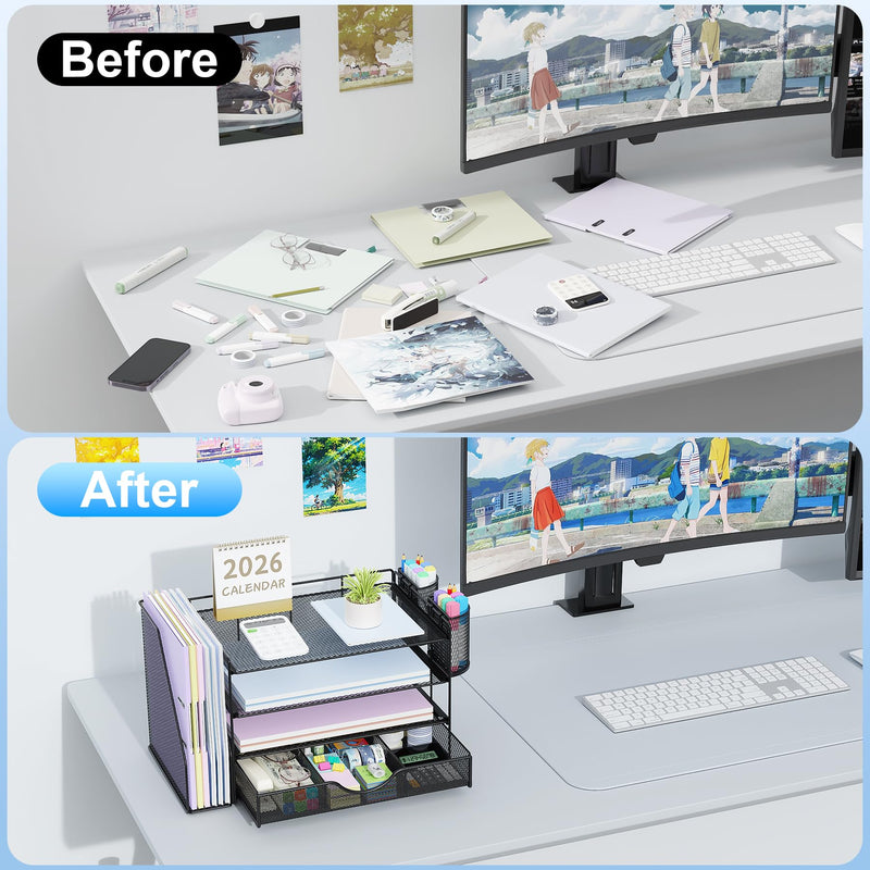 gianotter 4-Tier Paper Letter Tray + Monitor Stand with Storage (Black)