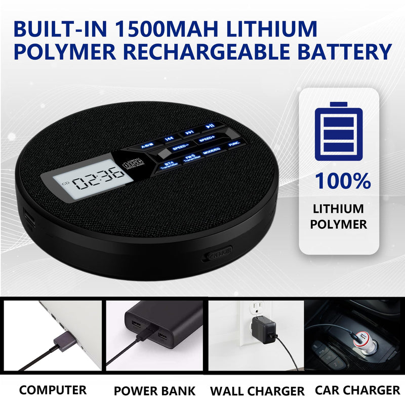 [AUSTRALIA] - Portable CD Player with Dual Bluetooth, Discman for Car with FM Transmitter, Rechargeable, Dual Speakers and Anti Skip,USB,AUX,LCD Display,Backlit Button,Repeat,10 Speeds Black 