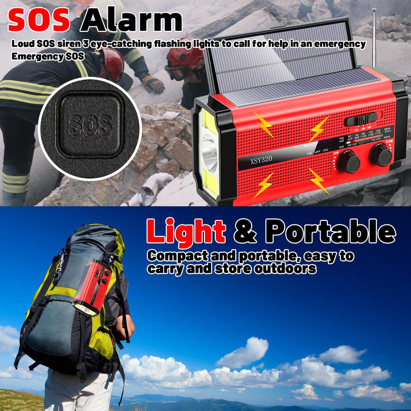 [AUSTRALIA] - Emergency Crank Weather AM/FM Radio with 2 Solar Panels Weather Radio Portable Radio, 5 Charging Modes SOS Siren 3 ModesFlashlightCell Phone ChargerReading Light (Red) Red 