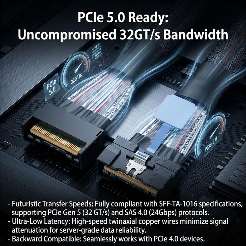 MCIO SFF-TA-1016 8i (74-Pin) Cable – PCIe Gen5 x8 (32GT/s per Lane) – 85Ω Shielded Twinax for Server & Storage MCIO 8i