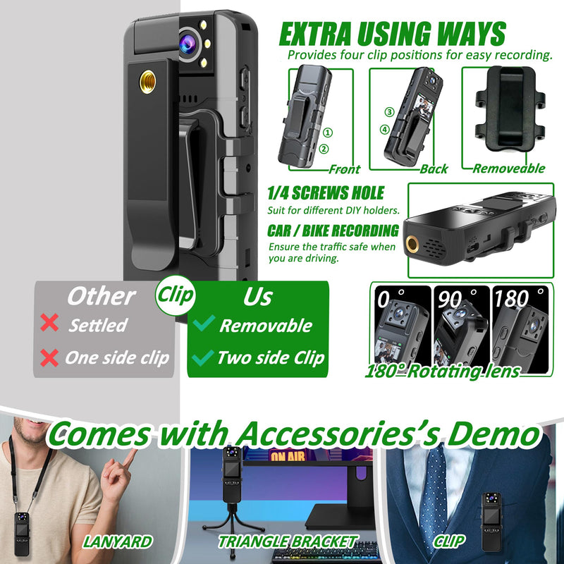 Body Camera with Audio and Video Recording, HD 1080P Body Cam with 180° Rotating Lens, 6HR Battery, Night Vision, Body Worn Camcorder, for Personal Civilians, Police Law Enforcement (64GB) 64GB Card