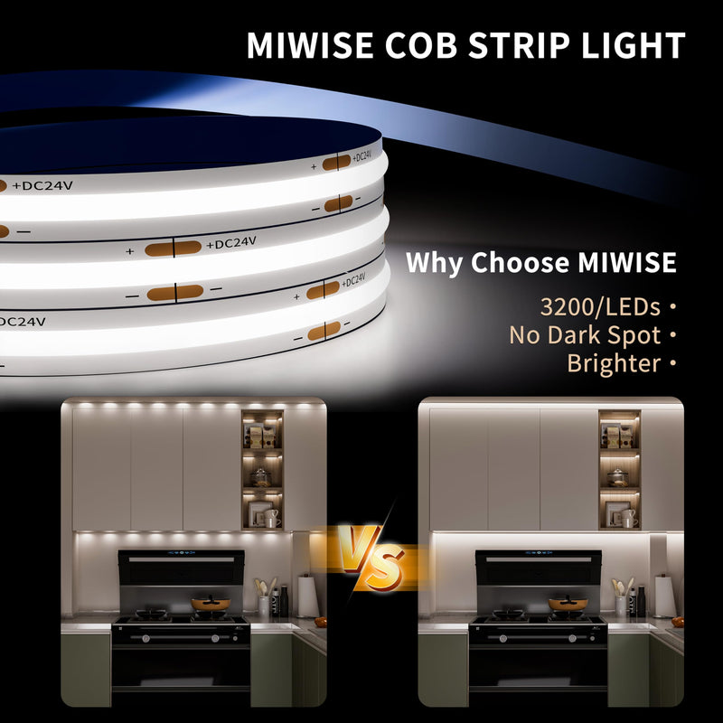[AUSTRALIA] - MIWISE COB LED Strip Light 32.8ft/10m,CRI 90+ Daylight White 6000K High Lumen Dimmable Super Bright Flexible DC24V LED Tape Light with Controller/Dimmer,for Cabinet Home Office DIY Lighting Projects 32.8 ft 