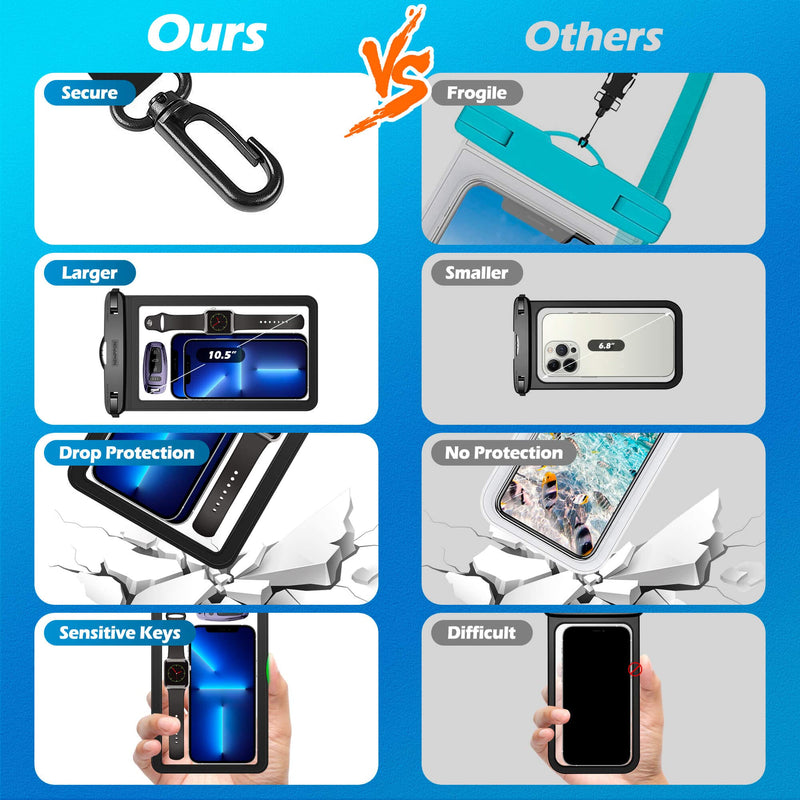 newppon Large Waterproof Phone Pouch : 2 Pack Underwater Clear Cellphone Holder - Universal Water-Resistant Dry Bag Case with Neck Lanyard for iPhone Samsung Galaxy for Beach Swimming Pool Black+Black