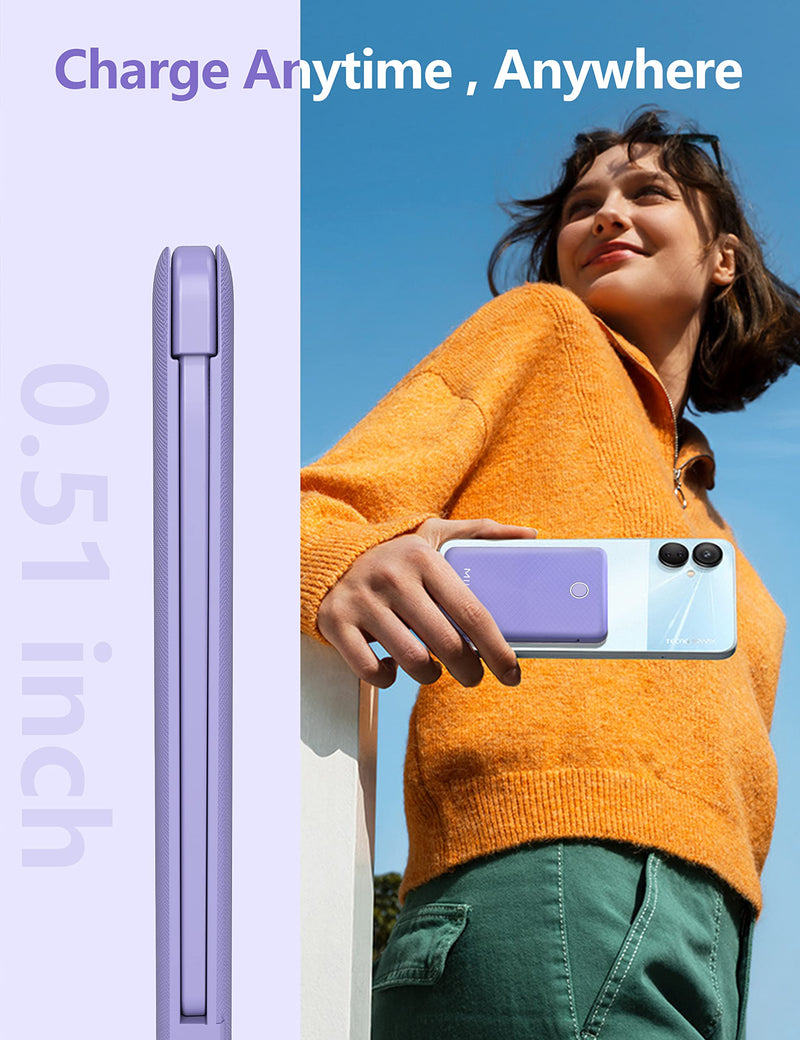 miisso 6000mah Ultra Slim Built in Cables Power Bank, Card Size Built in USB C Cords Battery Pack Portable Charger for Phones, 3 Output External Battery Pack Compatible with iPhone, Samsung, Purple 6000mah Purple