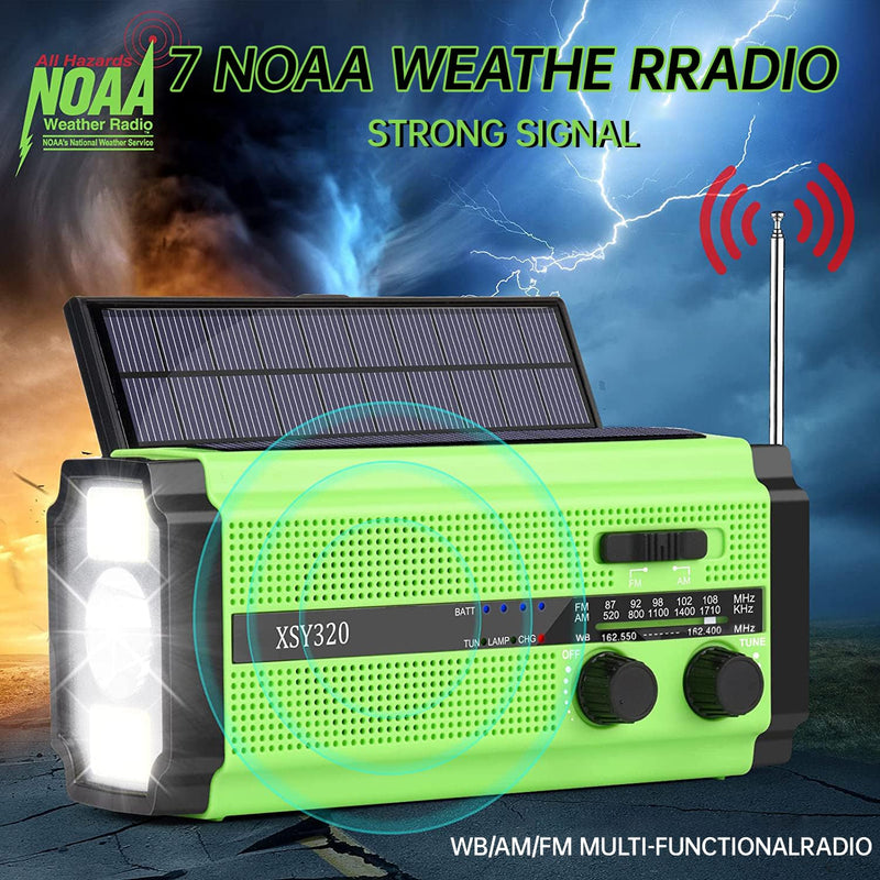5000mAh/18500mWh Emergency Hand Crank Radio with 2 Solar Panels,Portable AM FM NOAA Weather Radio,Rechargeable Battery Powered Radio,USB Charger,SOS,Flashlight,Reading Lamp for Home Outdoor Green