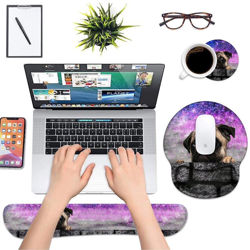 Keyboard Wrist Rest and Mouse Pad Wrist Support Set with Coasters, Non-Slip PU Base Ergonomic Gaming Mousepad for Home Office Working Studying Easy Typing & Pain Relief - Cute Pug