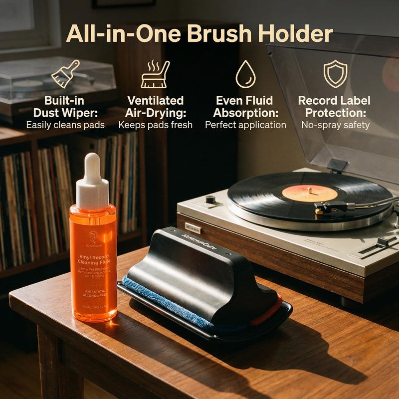 HumminGuru I-Brush Vinyl Record Cleaning Kit, Anti-Static Vinyl Record Cleaner Kit with Dual Velvet Pads Vinyl Record Brush + Alcohol-Free Record Cleaning Solution + LP Brush Holder (Orange: I-Brush) Orange: I-brush