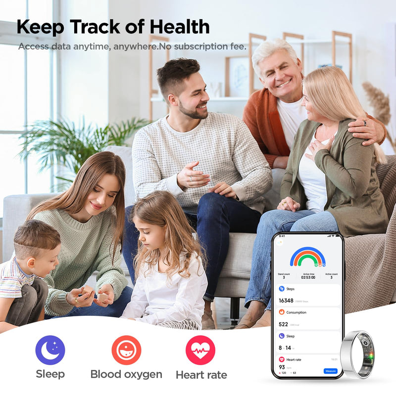BENIO Gen2 Smart Ring for Women Men Sleep Health Fitness Tracker | 26 Upgr, 5ATM Waterproof, Step/Sleep/Blood Oxygen/Heart Rate Tracker, No Subscription, with iOS and Android Sliver 9#