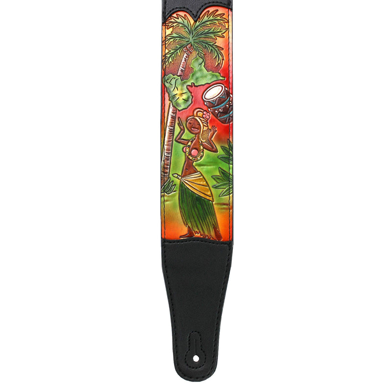 [AUSTRALIA] - Walker & Williams CVG-HWI Hand Carved Black Leather Guitar Strap With Bright Sunset Island Dancer Scene For Acoustic, Electric, And Bass Guitars 