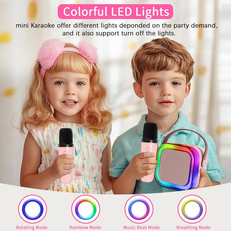 Mini Karaoke Machines for Kids, Girls Portable Karaoke Machine with 2 Microphones Speaker, 3 LED Disco Lights,5 Funny Sound, Gift for Boy Toddler Teen Adult Birthday Holiday Home Party Pink