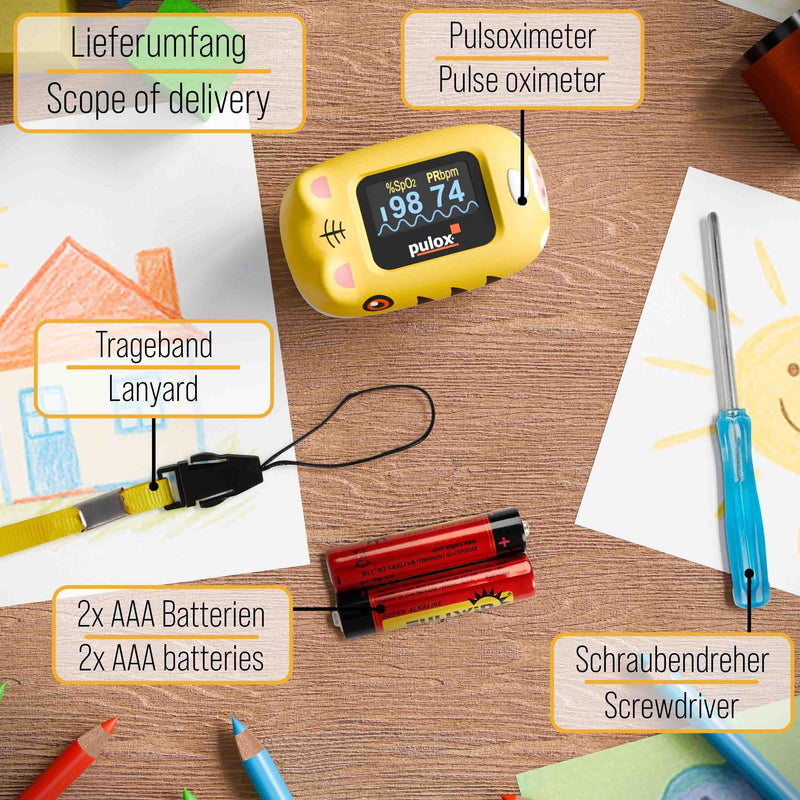 Pulox PO-230 Finger Pulse Oximeter for Children in Yellow, Measurement of SpO2 and Pulse in Seconds - with Stickers to Stick Yourself