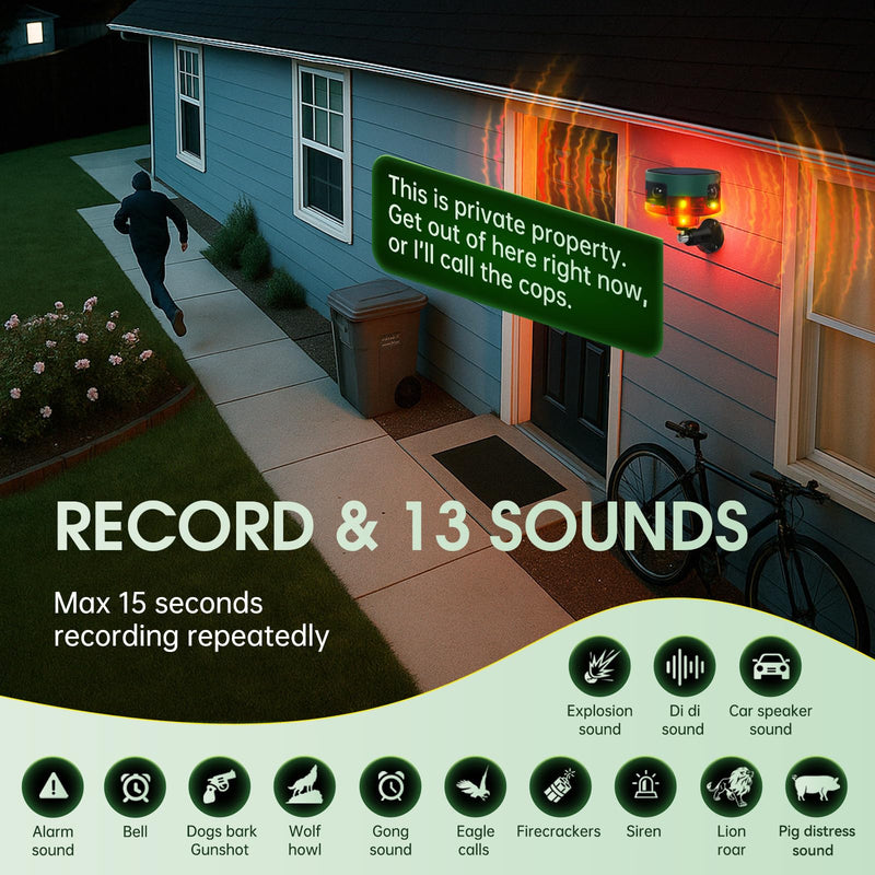 [AUSTRALIA] - Solar Outdoor Motion Sensor Alarm, 130dB Dog Barking & Gunshot Sound, 13 Sounds, Strobe Light, Support Recording & Volume Control, Keeps Unwanted Animals Away from Yard, Garden, or Farm 