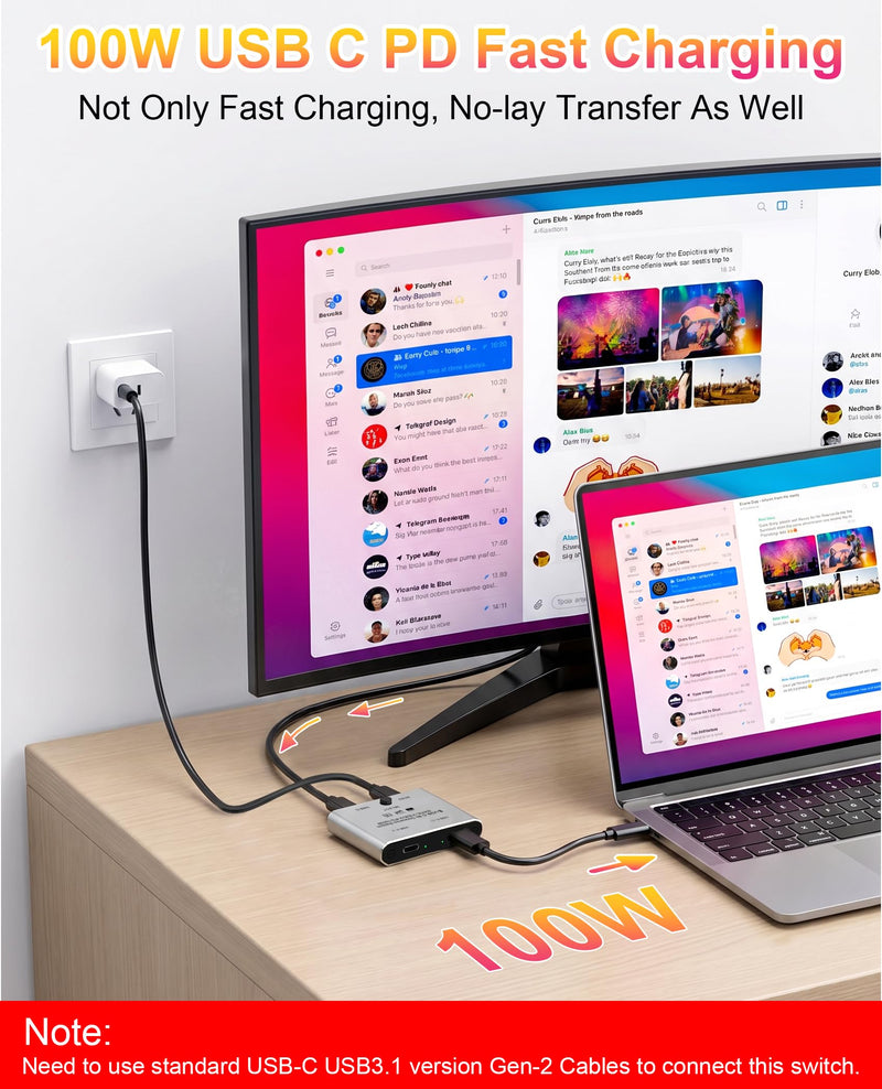 8K USB C Switch, Bi-Directional USB C Switcher for 2 Computers - 8K@60Hz/4K@120Hz Video + 100W PD Charging + 10Gbps Data Transfer, 1 in 2 Out / 2 in 1 Out USB C Splitter Switch with Power Cable