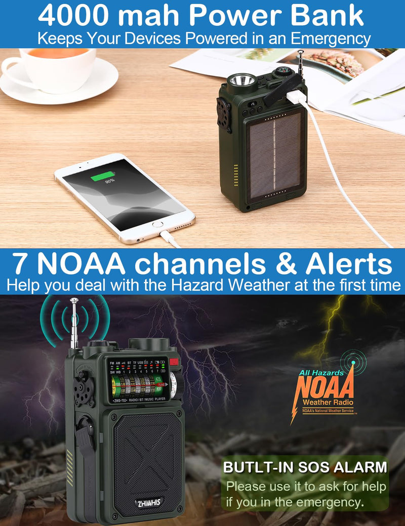 ZHIWHIS Shortwave Radio with Bluetooth, AM/FM/SW/WB Emergency Radios with NOAA Alerts, Hand Crank/Solar/4000mAh/White Noise/SOS/Bass/Rechargeable Retro Receiver with Preset, Support USB/TF ZWS-702