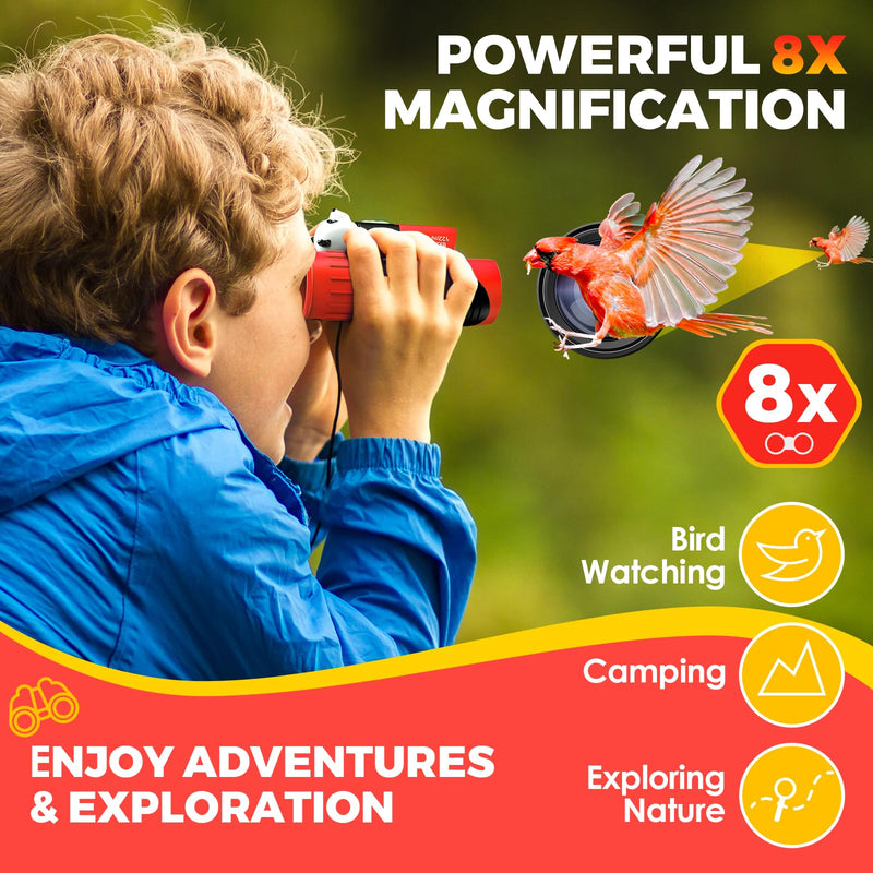 [AUSTRALIA] - Binoculars for Kids 8x21 High-Resolution Real Optics with Magnifying Glass & Whistle Compass, Kids Binoculars for 3-12 Years Boys and Girls, Best Kids Toys for Outdoor Bird Watching, Hiking, Travel Red 