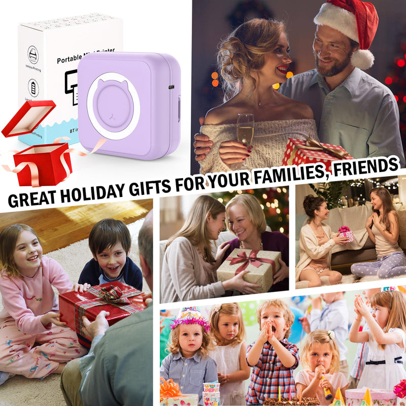 Mini Sticker Printer - Mini Pocket Printer for iPhone Thermal Printer with 10 Rolls Thermal Paper for Journal, Memo, Photo, Purple