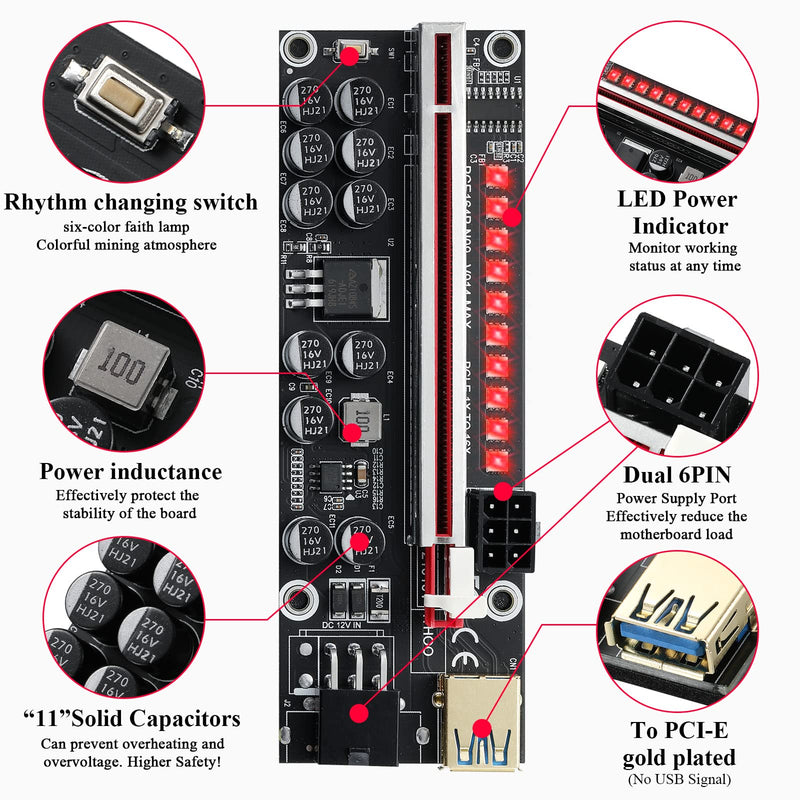 MZHOU 6 Pack 11 Capacitors PCI-E 1X to 16X VER014PRO Riser Card with PCI-E 1X Plug-in Adapter Card for Bitcoin Crypto Mining Ethereum Mining （6 Pack） Black-V014PRO