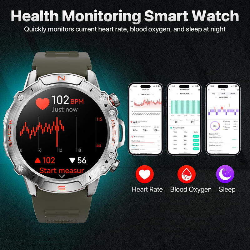 WalkerFit Men's Rugged Smart Watch, 1.43" AMOLED, BT Call, 5ATM Waterproof | Tactical watch featuring Zinc Alloy frame, 2 bands, SpO2 & Heart rate monitor, Bluetooth calls and 5ATM water resistance