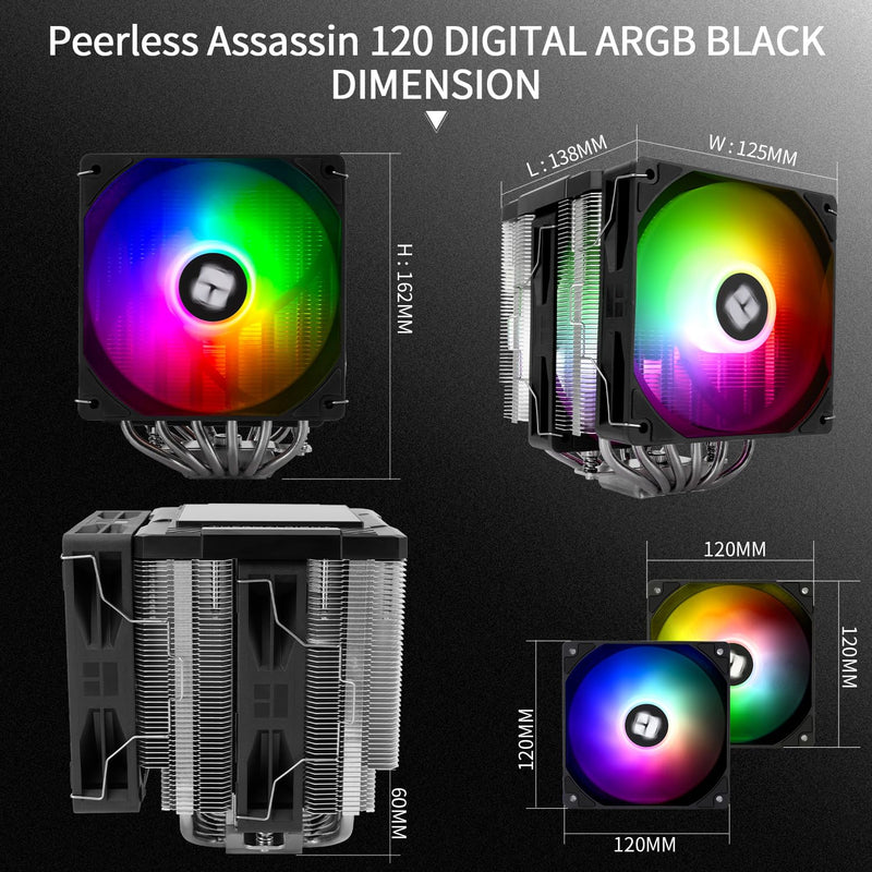 Thermalright TR Peerless Assassin 120 Digital ARGB Black CPU Cooler, Double 120mm PWM Fans with 1850RPM Speed, Support Intel lga1700/1851/115X,AMD:AM4/AM5,Computer CPU Cooling,Digital Screen Top Cover