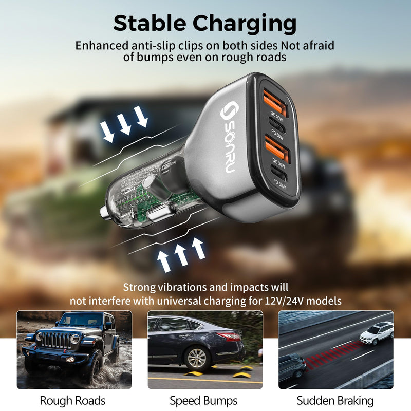 SONRU 4-Port USB C Car Charger, 120W 2*【PD60W+QC30W】 Cigarette Lighter USB Car Charger Adapter, Fast Car Phone Charger for iPhone 17/17 Pro Max/16/15/14 Series, Galaxy S24/23,iPad, Galaxy, Tablet grey