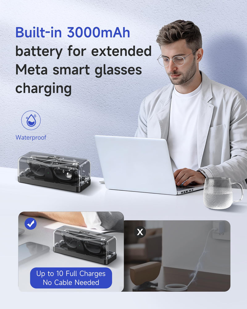 Magnetic Charging Case for Ray-Ban Meta Gen 1 & 2, 3000mAh Power Bank | Fits Gen 1 & 2 Wayfarer, Headliner, Skyler | Gen 2 Blayzer/Scriber Optics | Oakley Meta HSTN | Up to 10 Recharges for Travel