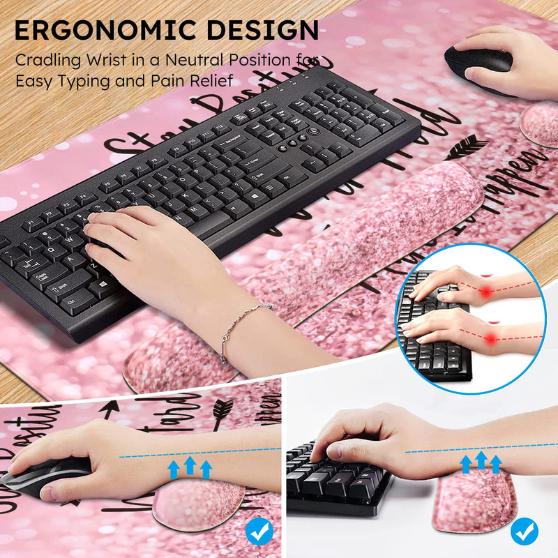 iCasso Keyboard Mouse Pad Set,Extended Gaming Mouse Pad+Keyboard Wrist Rest Support , Memory Foam, Easy Typing Pain Relief, 3Pcs (35.4×15.7 in) XXL Ultra Thick Desk Mat -Pink Stay Positive A-Pink Stay Positive