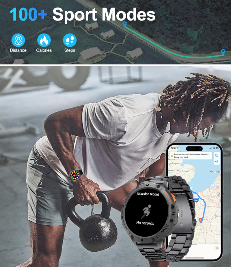 Smart Watches for Men with Flashlight(Answer/Make Calls),1,43" AMOLED Military Rugged Tactical Smartwatch,5ATM Waterproof/Heart Rate Monitor/Fitness Tracker for iOS Android,3-Bead Large 3-Bead
