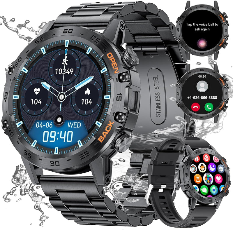 Mens Military Smartwatch Bluetooth Answer/Make Call for Android iOS Phone Long BTRY 1.39" Outdoor Sports Activity Fitness Tracker Orange Silicone Strap Music Smartwatches Health Monitor (Orange) Orange band, Silver Body
