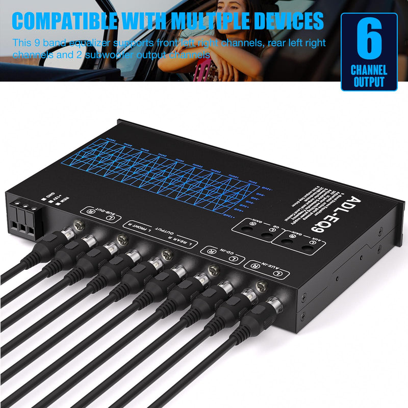 Facmogu 9-Band Car Audio Equalizer, Graphic EQ with 8V RMS Line Driver | Front/Rear/Sub RCA Output | AUX/CD Input | Subwoofer Frequency Control for Car Stereo, Boat, RV & Half-DIN Audio Systems