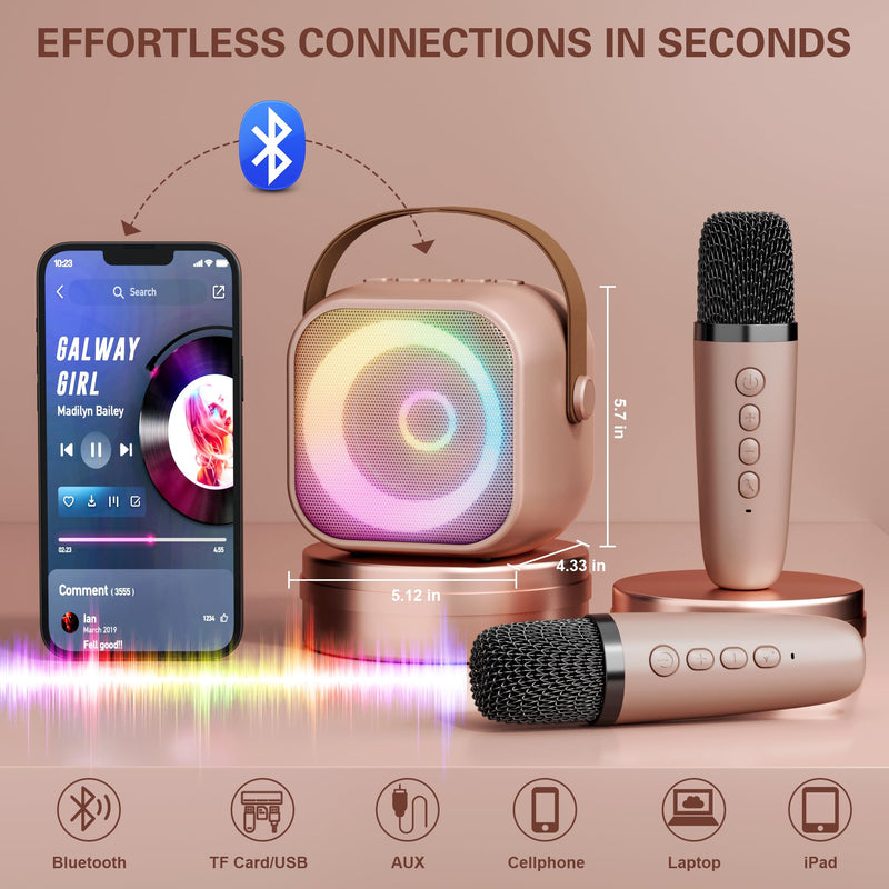 [AUSTRALIA] - Mini Karaoke Machine, Portable Bluetooth Karaoke Speaker with 2 Wireless Microphones and Party Lights for Kids and Adults, Birthday Gifts for Girls Boys Family Home Party (Rose Gold) 2 Mics Rose Gold 