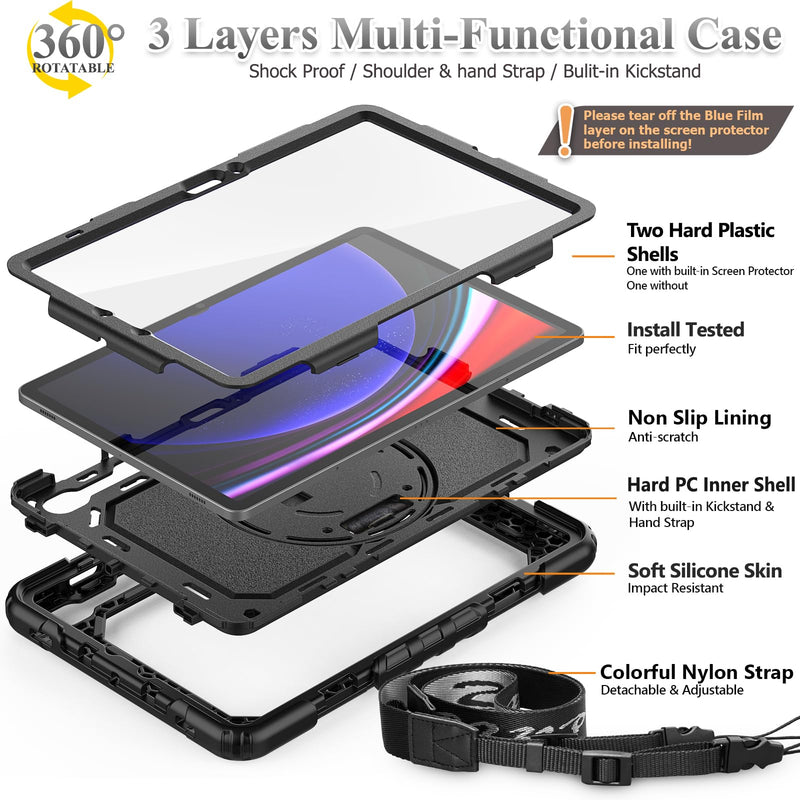 SEYMAC stock for Samsung Galaxy Tab S9/ S9 FE 5G Tablet Case 2023 with Screen Protector Pencil Holder [360 Rotating Hand Strap] &Stand, Drop-Proof Case for Galaxy Tab S9 FE 10.9''/ S9 11'', Black1 case for Galaxy Tab S9 FE 10.9''/S9 11''