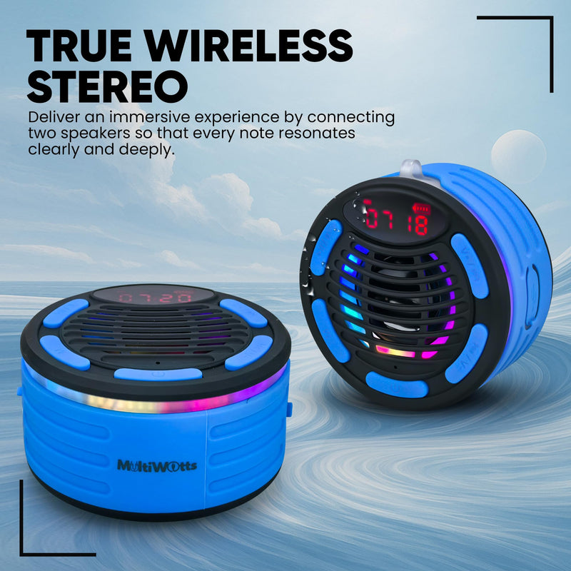 IPX7 Waterproof Bluetooth Speaker with Time, Floating Portable Speaker for Shower, Pool & Beach, Includes MTB Handlebar Holder, Suction Cup & Carabiner, RGB Lights, FM Radio, USB-C - Gifts