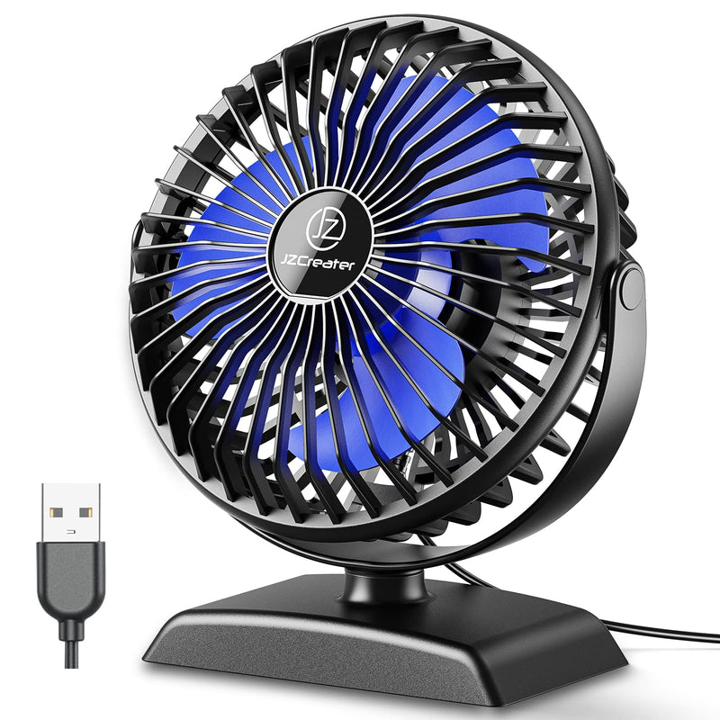 JZCreater USB Desk Fan, USB Fan Mini, 360 Rotation Desktop Fan with 3 Speed, Table Personal Cooling Fan, Quiet Mini Desk Fan, USB Powered, Small Fan for Home Office Bedroom Car Travel,Black 1 Black+Blue