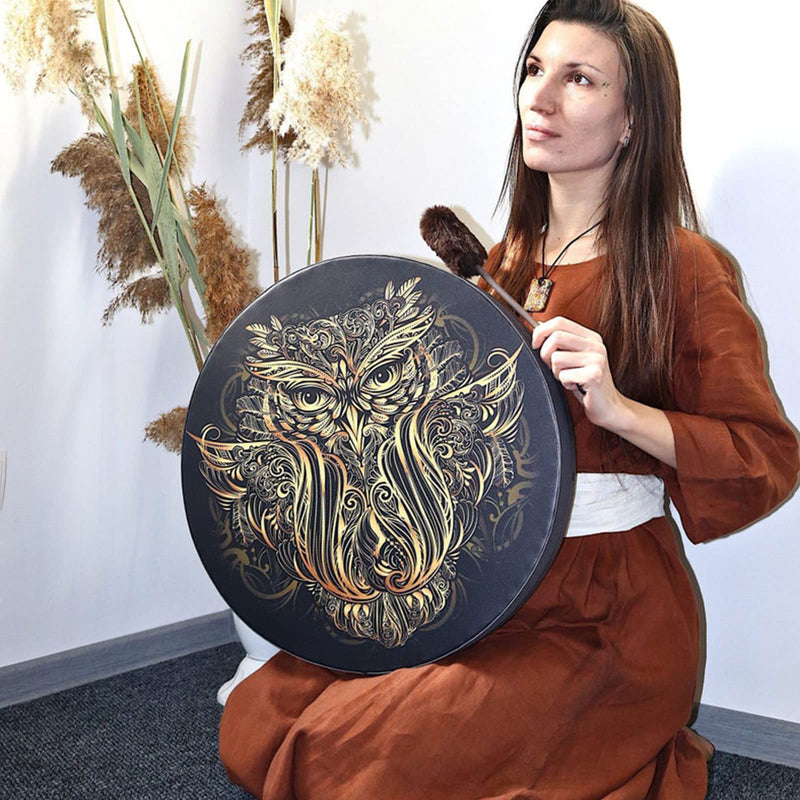 Owl Shaman Drum, 10 Inch Owl Pattern Handmade Shaman Drum With Drum Stick, Instrumental Shaman Alchemy Moon Drum, Sound Healer Shaman Drum For Spiritual Music, Reflection Meditation (#1)
