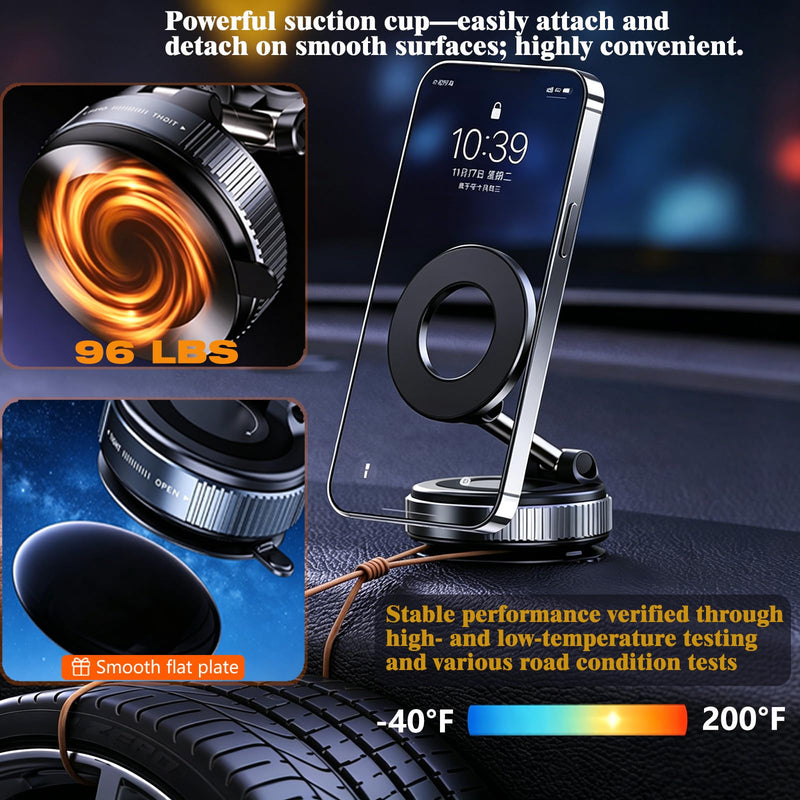 Vacuum Suction for MagSafe Car Mount, Magnetic Phone Holder | Powerful vacuum suction and strong magnetic hold, foldable design, fits iPhone & Android, perfect for car, gym and home Black