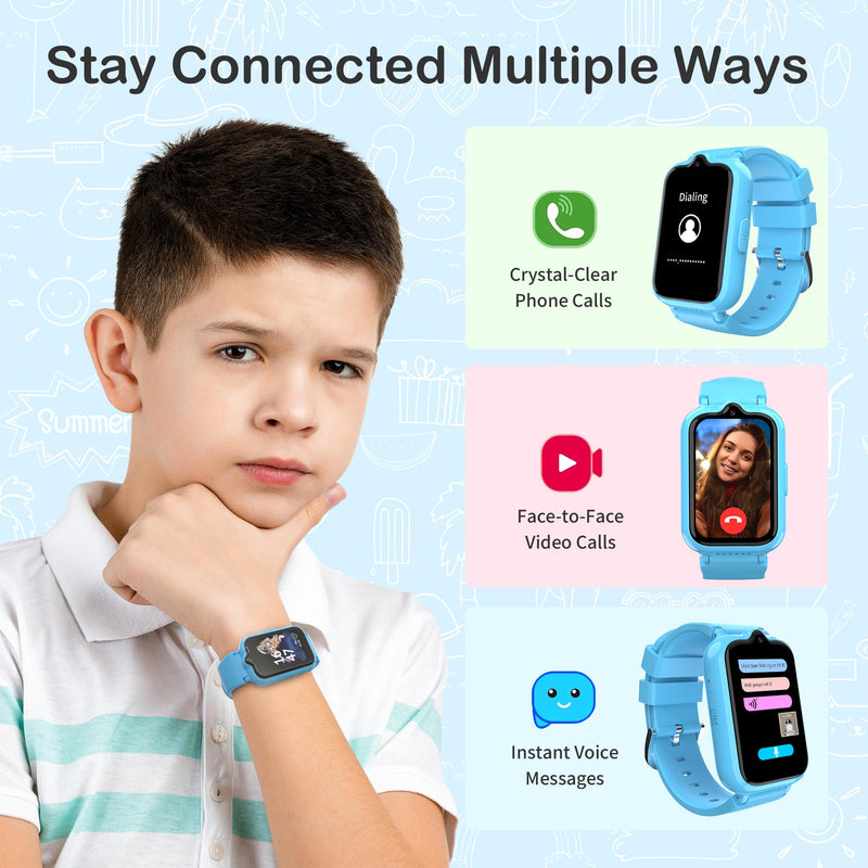 4G Kids Smart Watch with GPS Tracker Phone, Smart Watch for Boys Ages 5-12 | Video Calling Voice Chat Alarm Camera School Mode SOS Pedometer Calculator HD Touch Screen Watch Gifts for Kids Blue