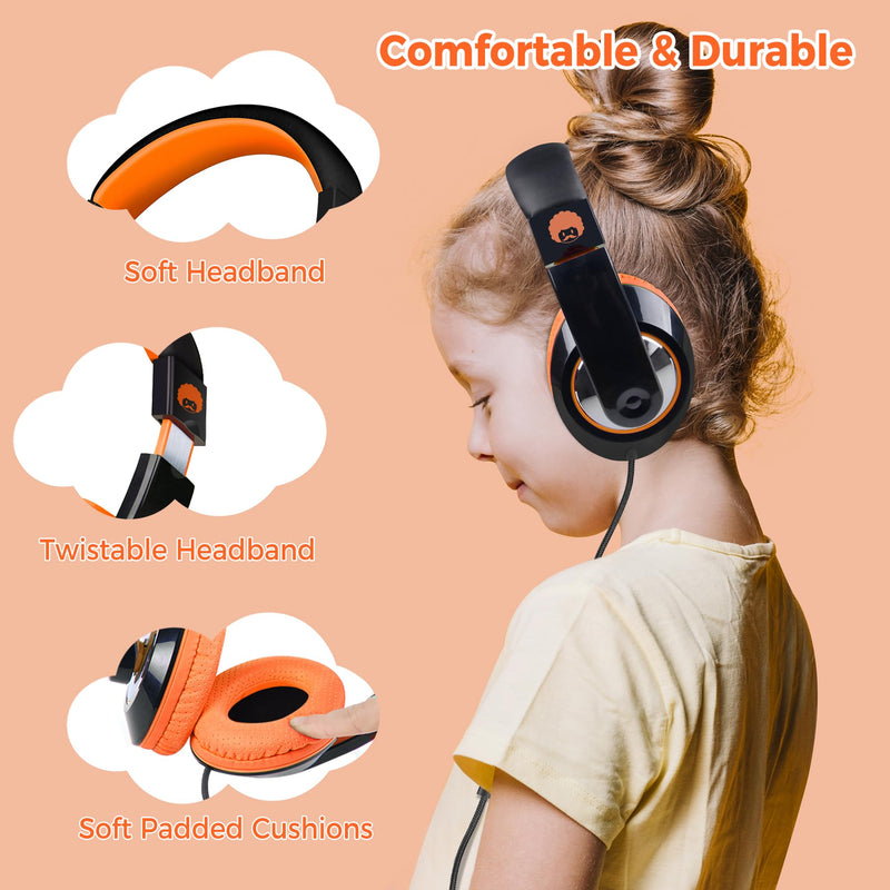 rockpapa 2Pcs Wired Kids Headphones with Microphone & 3.5mm Cord for School | Lightweight Corded Foldable Childs Boys Girls Youth Head phones for Airplane Classroom Tablets Phones Laptop PC Blue+Orange Blue/Black/Orange/Black