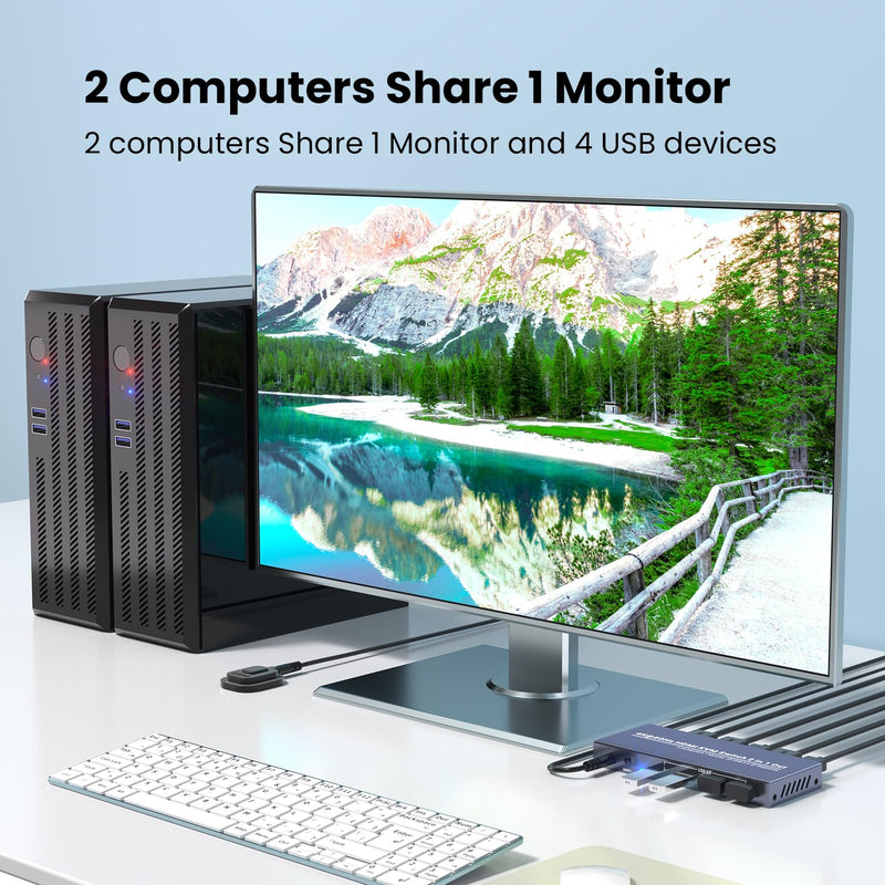 2 Port HDMI KVM Switch 1 Monitor 2 Computers, Control 2 PCs with 1 Set of Keyboard Mouse and 1 Monitor, 4K60Hz Support and USB 3.0 4K HDMI 1 Monitor 2 Computers